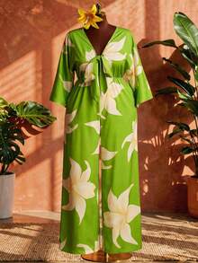 SHEIN CURVE+ Stunning Boho Green Plus Size Jumpsuit With V Neck Tie Front And Random Floral Print Wide Leg Long Flounce Sleeve - Green - View 1