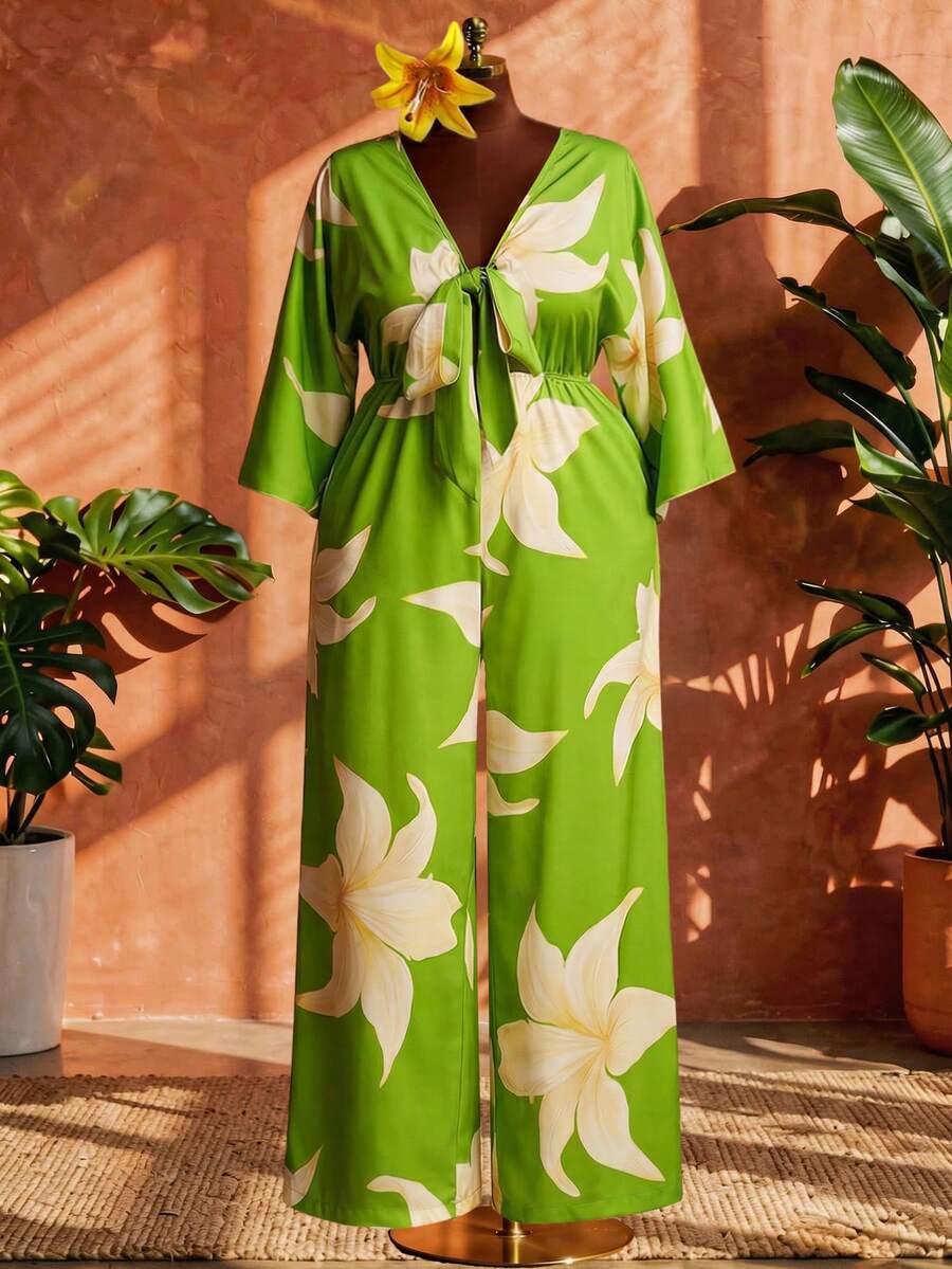 SHEIN CURVE+ Stunning Boho Green Plus Size Jumpsuit With V Neck Tie Front And Random Floral Print Wide Leg Long Flounce Sleeve - Green - View 1