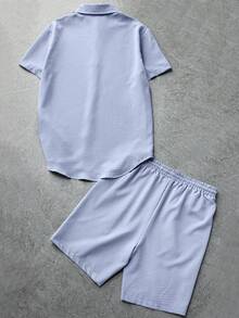 Manfinity Homme Men's Solid Color Textured Short Sleeve Shirt And Shorts 2 Pieces Set Mens Piece Summer Sets Outfits Men Clothes Two Beach Outfit For Top Man Holiday - Baby Blue - View 2