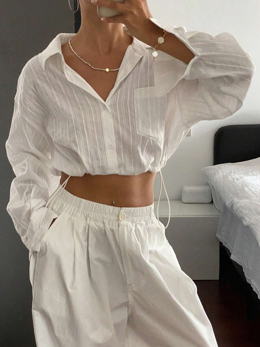 Livesso Women Solid Color Turndown Collar Long Sleeve Drawstring Hem Blouse Summer Crop Women Tops - White - View 1