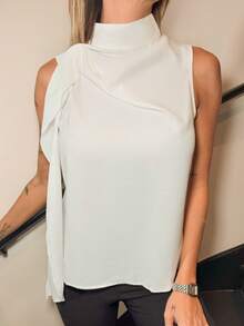 Mélanie ORL Chemise blanche tissée sans manche simple et pratique avec une coupe évasée réunie pour femmes, printemps/été, hauts sans manches - Blanc - Voir 7