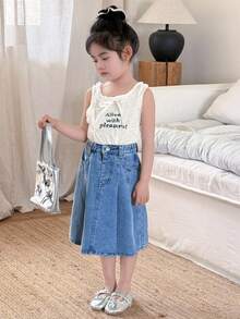 SHEIN Little Byeori 少女藍色百褶喇叭牛仔長裙，春夏休閒度假鄉村波西米亞風，海灘、西式街頭穿搭，春假、電音節慶典、畢業季適用 - 中等水洗藍 - 查看 5