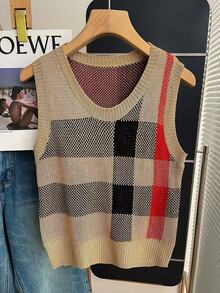 Resyla Women's Plaid Loose Casual Versatile Knitted Vest, Autumn/Winter - Brown - View 3