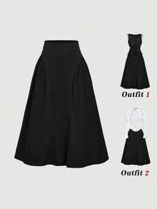 SHEIN MOD 女士纯色高腰百褶优雅半身裙 - 黑色 - 查看 2