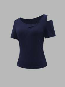 女士休闲纯色不对称镂空领T恤，夏季 - 寶藍色 - 查看 4