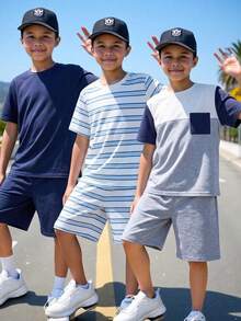 SHEIN Set da 6 pezzi di magliette a maniche corte e pantaloncini corti per ragazzi pre-adolescenti, stile casual sportivo, a righe e con blocchi di colore, scollo rotondo, adatto per pendolarismo, scuola, uso quotidiano, sport, primavera/estate - Multicolore - Visualizzare 1