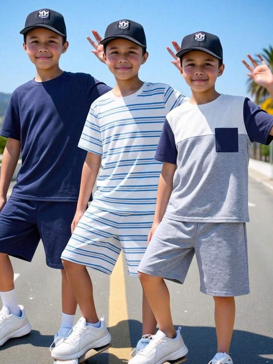 SHEIN Set da 6 pezzi di magliette a maniche corte e pantaloncini corti per ragazzi pre-adolescenti, stile casual sportivo, a righe e con blocchi di colore, scollo rotondo, adatto per pendolarismo, scuola, uso quotidiano, sport, primavera/estate - Multicolore - Visualizzare 1