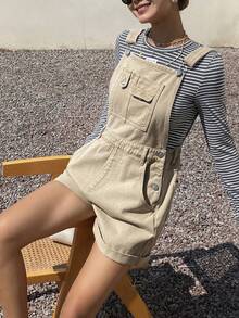 DAZY Women's Casual Loose Cotton Solid Color Denim Bib Pants, Suitable For Summer Beach Holiday - Khaki - View 3