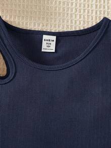 SHEIN 少女纯色圆领休闲百搭日常上衣 - 藍色 - 查看 6
