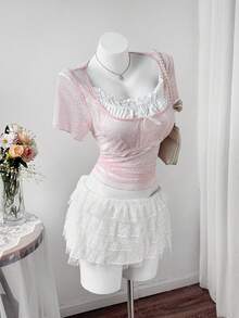 Sweetra 大码复古蕾丝拼接方领荷叶边短袖T恤，性感妩媚，春夏款 - 粉色 - 查看 6