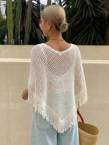 DAZY Women's V-Neck Hollow-Out Knit Shawl Sweater - White - View 3