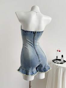 Elamini Women's Ruffle Hem Denim Jumpsuit - Blue - View 2