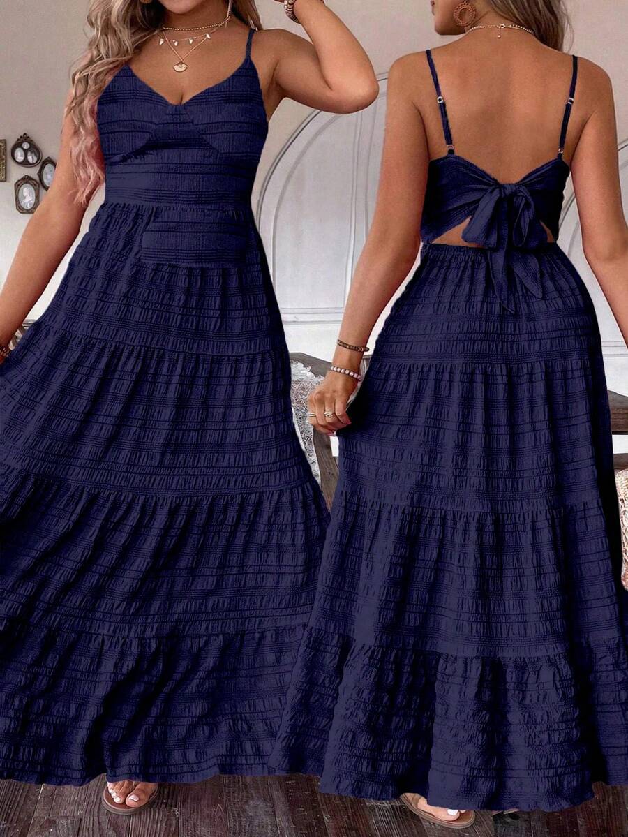 SHEIN Plus Size Navy Blue Plain Tiered Long Cami Dress Casual Ruffle Hem For Summer Vacation And Spaghetti Strap For Women Summer - Navy Blue - View 1