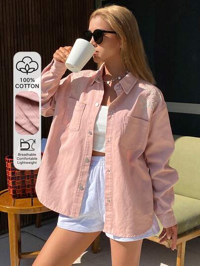 DAZY 女士翻领长袖宽松衬衫，粉色休闲都市度假风，带刺绣装饰牛仔夹克和外套