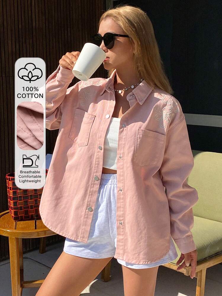 Women's Turndown Collar Long Sleeve Loose Shirt, Pink Casual City Vacation Style With Embroidery Decor Denim Jacket And Coat