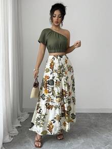 Selianne Áo kiểu nữ màu xanh lá cây thanh lịch, tay ngắn, vai lệch, ôm sát + Chân váy chữ A màu be thanh lịch, trang phục đi nghỉ mát/nghỉ dưỡng. - Nhiều màu - Xem 6