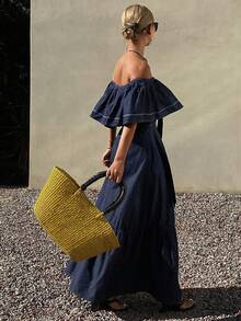 DAZY Vestido largo y súper holgado de mujer, vestido de mezclilla lavada de estilo vacacional - Azul lavado oscuro - Ver 4