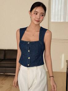 DAZY Women's Sleeveless Cropped Denim Vest, Casual Vacation Style - Dark Wash - View 6