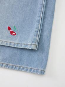 GlowEve 女士休闲日常穿着樱桃刺绣口袋纽扣牛仔裤 - 藍色 - 查看 5