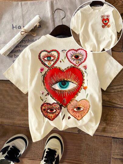 DrmWander Plus Size Summer Casual Heart Print Short Sleeve T-Shirt