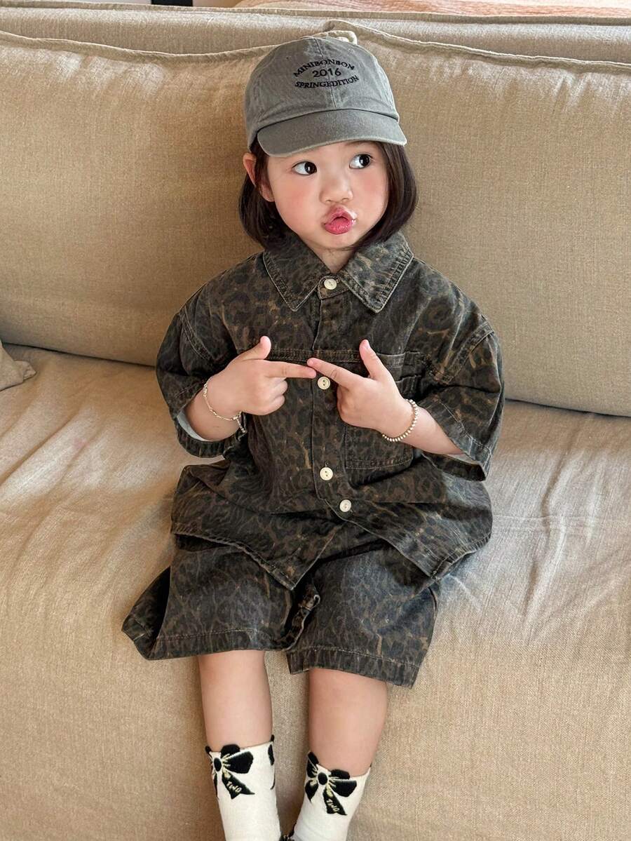 Hapijoa 夏季女童豹纹短袖单排扣牛仔衬衫和牛仔短裤套装 - 棕色 - 查看 1
