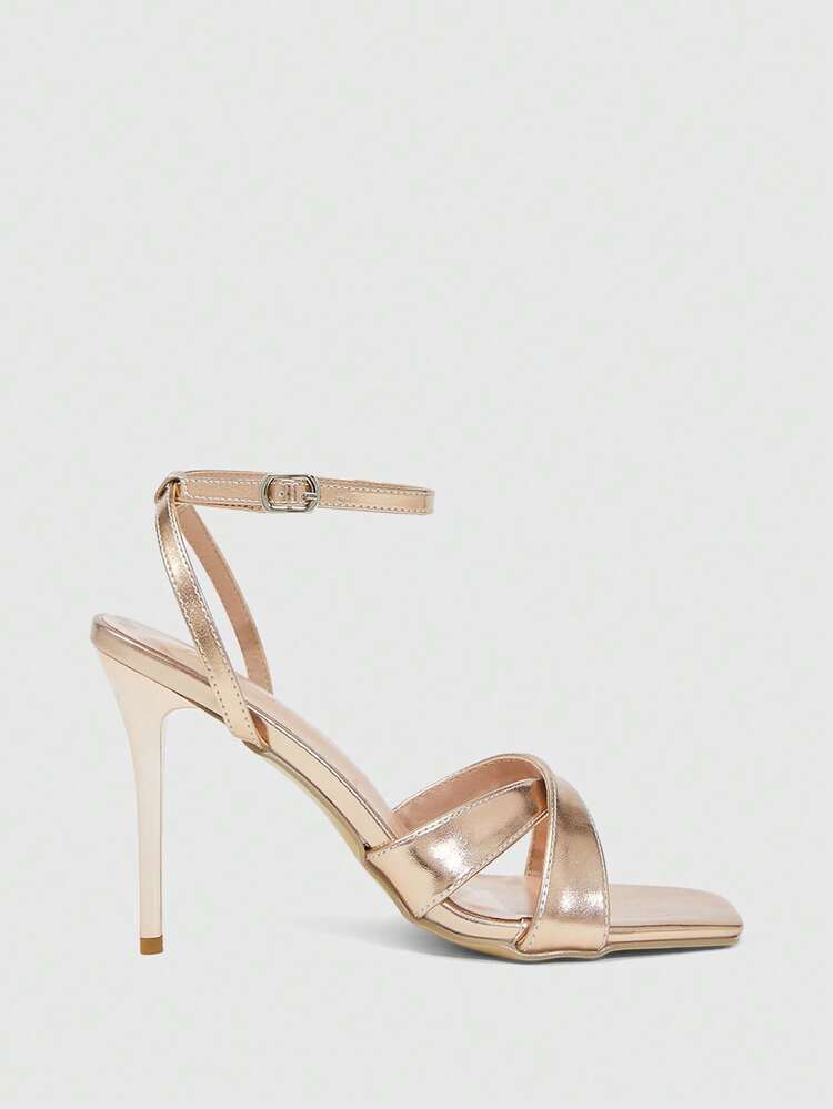 CUCCOO SZL Women Shoes Spring And Summer New Champagne Mirror Cross With Ankle Strap Simple Women's High Heel Sandals Fashion Comfortable Versatile Sexy Party Banquet Women's Sandals Prom Heels