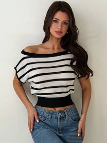 Firerie Women's Striped Asymmetric-Shoulder Short Sleeve Cropped Knit Top - Black - View 3