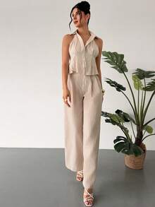 Firerie Women's Elegant Dignified Minimalist Striped Linen-Look Pants, Suitable For Commuting, Daily Wear, Valentine's Day - Apricot - View 7