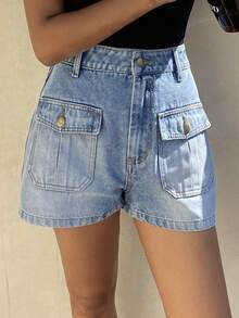 Livesso Women's Washed Blue Denim Shorts With Large Pockets, Suitable For Summer Beach Holiday Jorts - Blue - View 5