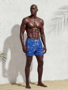 Surfspeed Pantalones cortos de playa casuales con cordón y estampado total para hombres - Azul - Ver 5