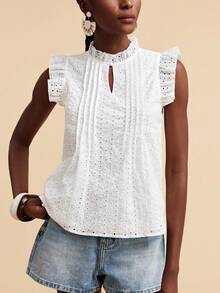 Travachic Woven Embroidered Mesh Elegant Sexy Casual Top For Women Golf White Summer - White - View 4