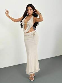 SHEIN PETITE Women's Solid Color Metal Decor Draped Neck Top And Mini Skirt Sexy 2-Piece Set - Apricot - View 10