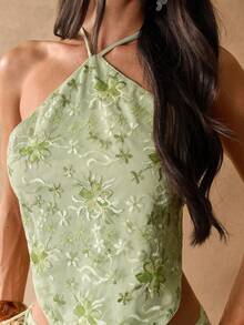SHEIN BAE Women's Sexy Floral Embroidery Backless Halter Top, Summer - Green - View 8