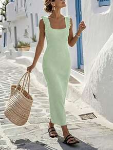 SHEIN Elegant Light Green Women's Autumn Square Neck Backless Knit Mid-Length Dress,Sleeveless Ruffle Hem Bodycon Sweater Dress For Brunch Party Cocktail - Mint Green - View 7