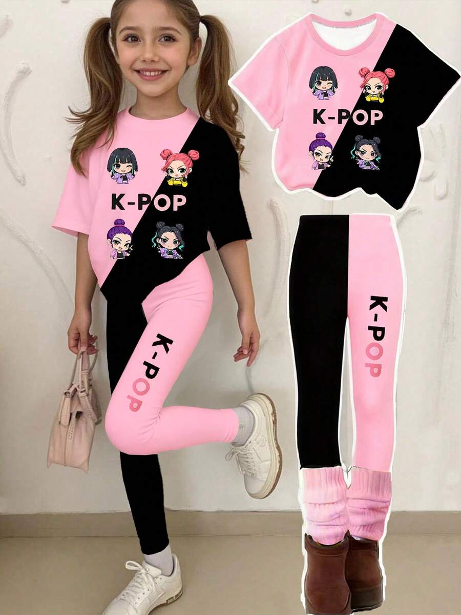 2件套少女K-POP卡通女孩头像撞色黑粉T恤和配套长裤套装，舒适针织套装，适合女孩，可作为节日礼物、休闲外出和日常穿着。 - 粉色 - 查看 1