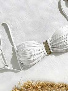 SHEIN Swim 女士夏季沙滩纯色吊带休闲比基尼上衣，聚拢型比基尼上衣，聚拢型泳装上衣，白色比基尼上衣，聚拢型泳装比基尼上衣 - 白色 - 查看 4