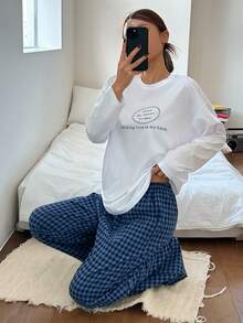 DAZY 2pcs/Set Women Graphic Print Loose Long Sleeve T-Shirt And Straight Long Pants Casual Sleepwear Suit, Spring - White - View 1