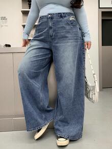 Dazy Plus Quần jean denim ống rộng, ống rộng, quần jean rộng thùng thình, quần áo trở lại trường - Màu xanh lam - Xem 5