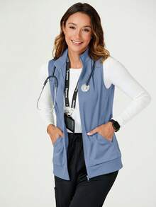 TaskEZ Solid Color Zipper Front Sleeveless Casual Scrub Uniform Jacket - Blue - View 3
