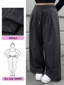 Dazy Plus Pantalones casuales y de negocios largos, rectos y holgados con cordón y rayas para mujer de talla grande, para otoño - Gris Oscuro - Ver 8