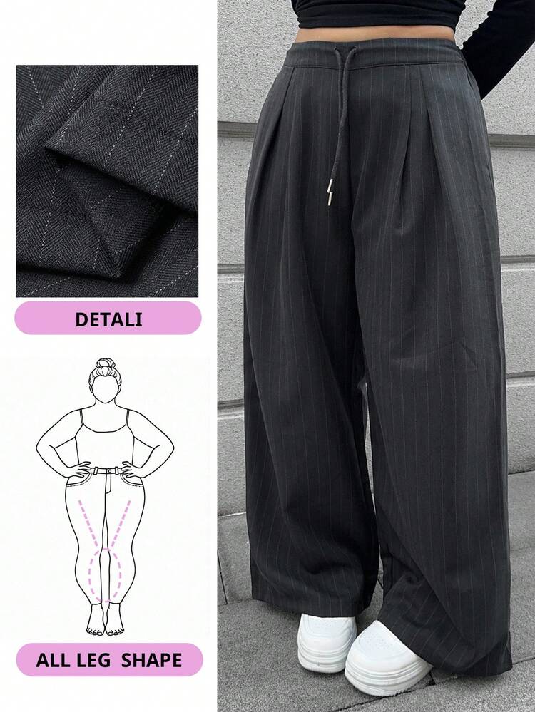 Dazy Plus Plus Size Women Striped Loose Straight Leg Drawstring Decor Long Casual Business Pants Fall
