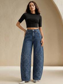 Anewsta Vår/sommar Blå personliga broderade vida ben, damjeans med hög midja och lösa, smalnande ben - Blå - Visa 4