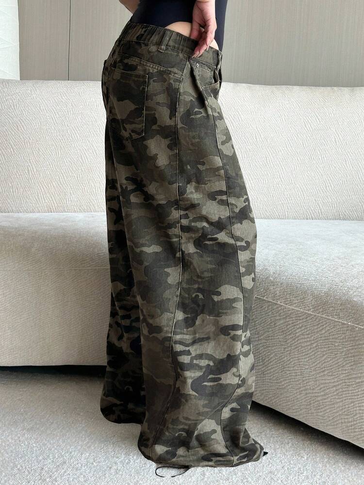 Dazy Plus Plus Size Women Military Green Camouflage Loose Straight Leg Jeans, Motorcycle Autumn