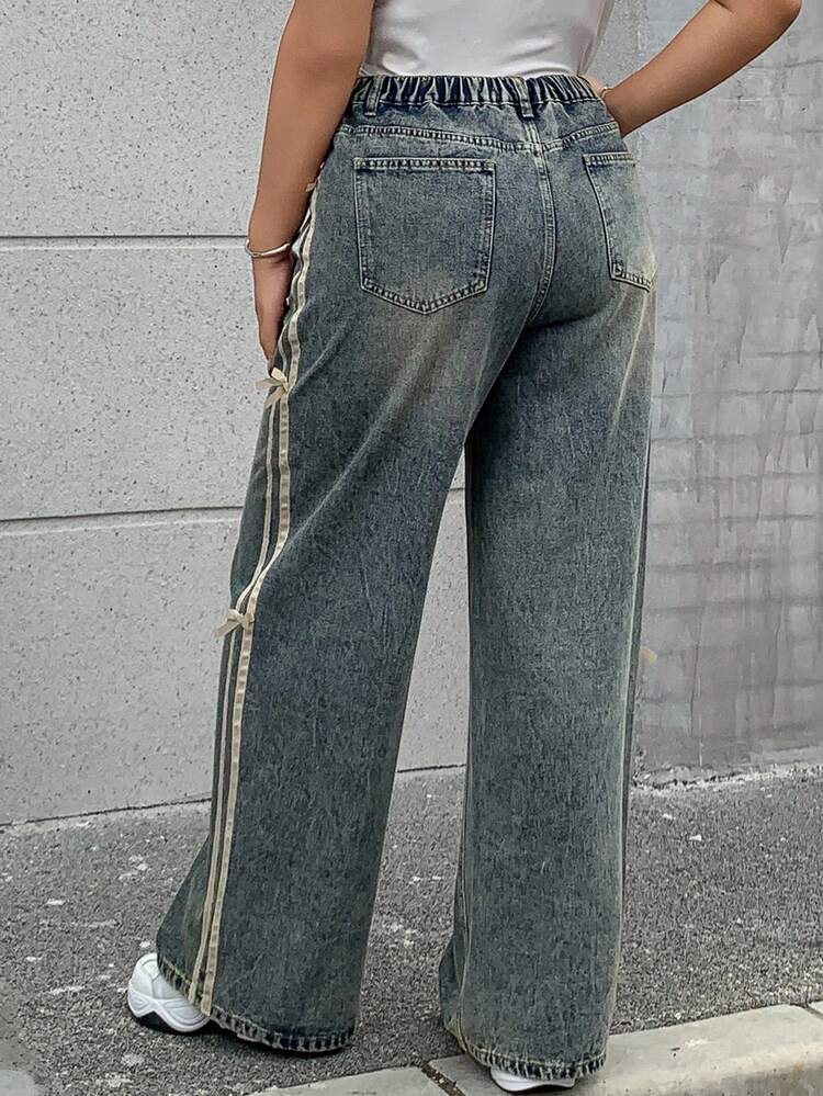 Dazy Plus Color Block Patchwork Ribbon Bow Decor Loose Wide Leg Jeans, Casual Women Denim Pants, All Season