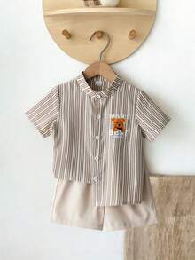 SHEIN Genkimix Kids 2pcs/Set Toddler Boys' Outfit,Khaki Striped Bear Print Short Sleeve Shirt+Solid Shorts,Linen Summer,Family Matching Retro Casual Suit For 7 Years Old - Multicolor - View 4