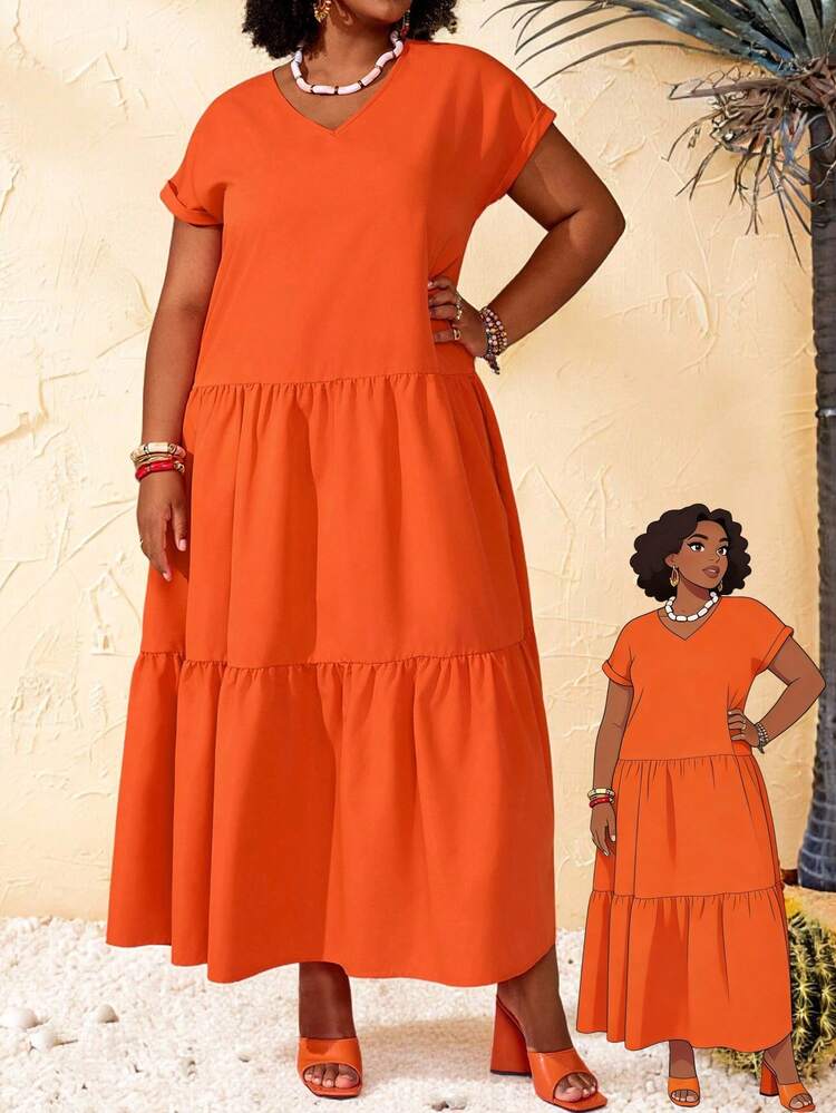 Plus Size Women's Summer Casual Vacation Loose Fit Solid Color Orange V-Neck Short Sleeve  Long Dress With Pocket,,Spring For Summer/ Vacation,Summer Holiday,Spring Break Outfits ,Vacation Outfits Women ,Holiday Outfits For Women,Going Out Outfits,2026 New Clothes,Simple And Fashionable For Everyday Wear,Casual Dresses For Women,Flowy Long Dress ,Suitable For Summer, Vacation, Commute, Daily Wear