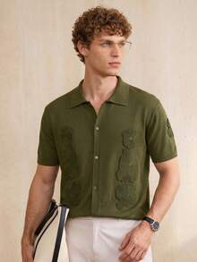 Manfinity CityGents Men's Casual Button-Up Short Sleeve Knit Top Men's Polo Shirt Men's Button Up Shirt - Army Green - View 3