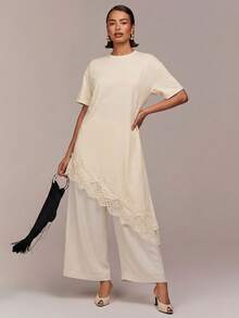 COSMINA Đầm thun tay ngắn cổ tròn, thiết kế ren tương phản bất đối xứng, áo thun độc đáo, mặt hàng thời trang, áo thun nữ mùa hè, áo thun đen, áo thun nữ thường ngày. - Màu be - Xem 1