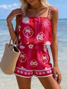Vaclyn Women's Casual Vacation Style Palm Tree Print Camisole And Shorts Set - Red - View 1