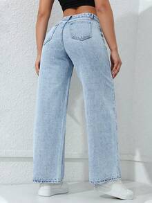 SHEIN ICON 女士纯色休闲牛仔裤 - 淺色水洗藍 - 查看 2